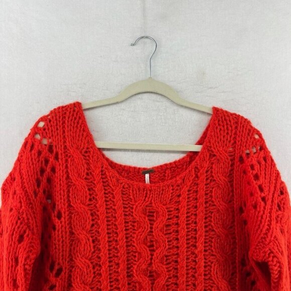 Free People Sweater Women's Sz S Red Open Cable Knit Chunky Pullover Long Sleeve - Picture 7 of 13